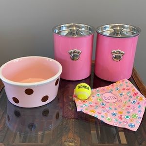 Pink 2 piece dog canister, bowl, bandanna, ball.